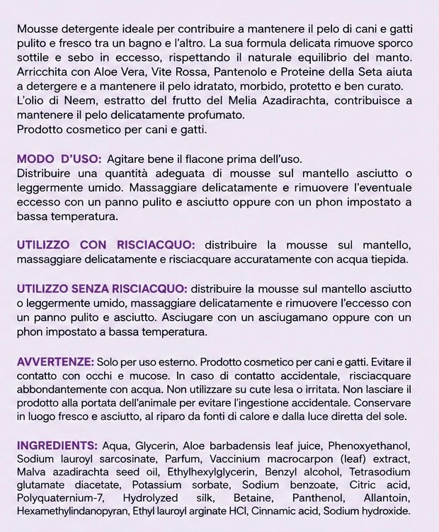🫧 Mousse Detergente per Cani e Gatti con o senza risciacquo